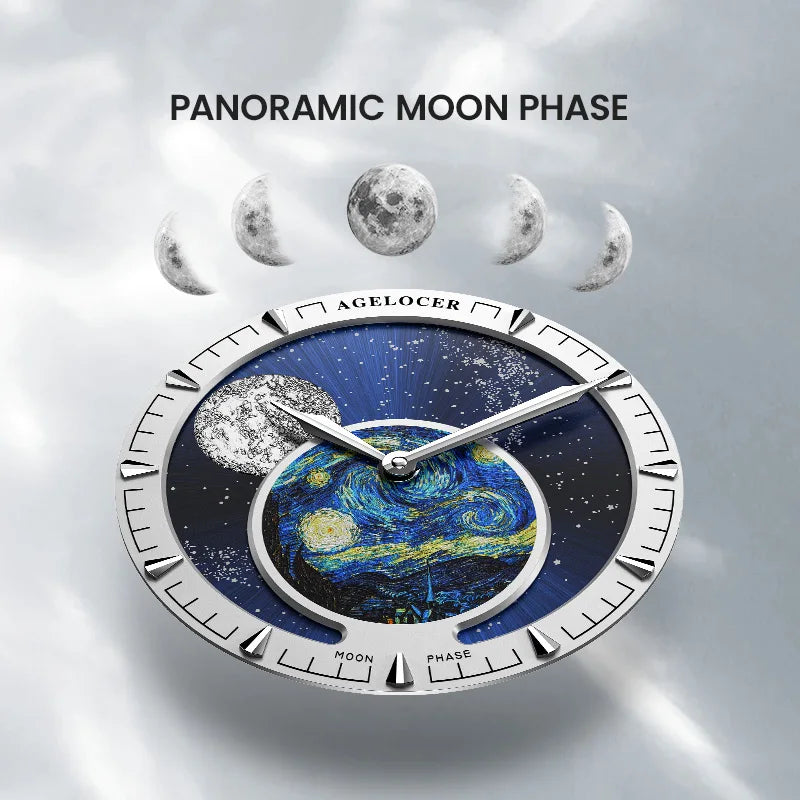 Automatic mechanical Agelocer timepiece displaying 80-hour power reserve and moon phase complication on numberless dial