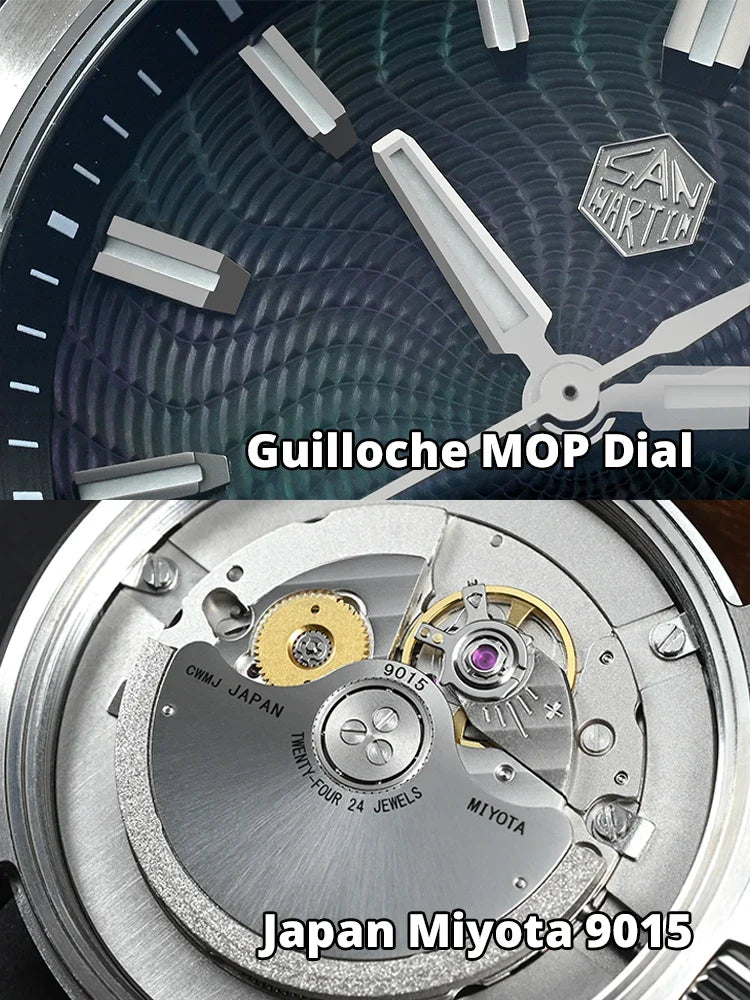 Miyota 9015 automatic movement visible through screw-down case back engraved with Made in San Martin Chinese seal stamp