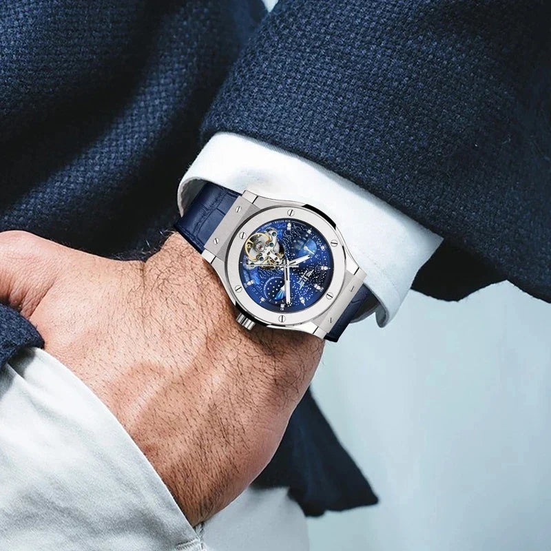 TYNDALL P6537 automatic timepiece displaying week indicator and multiple time zone function with shock resistant movement and 5bar water resistance