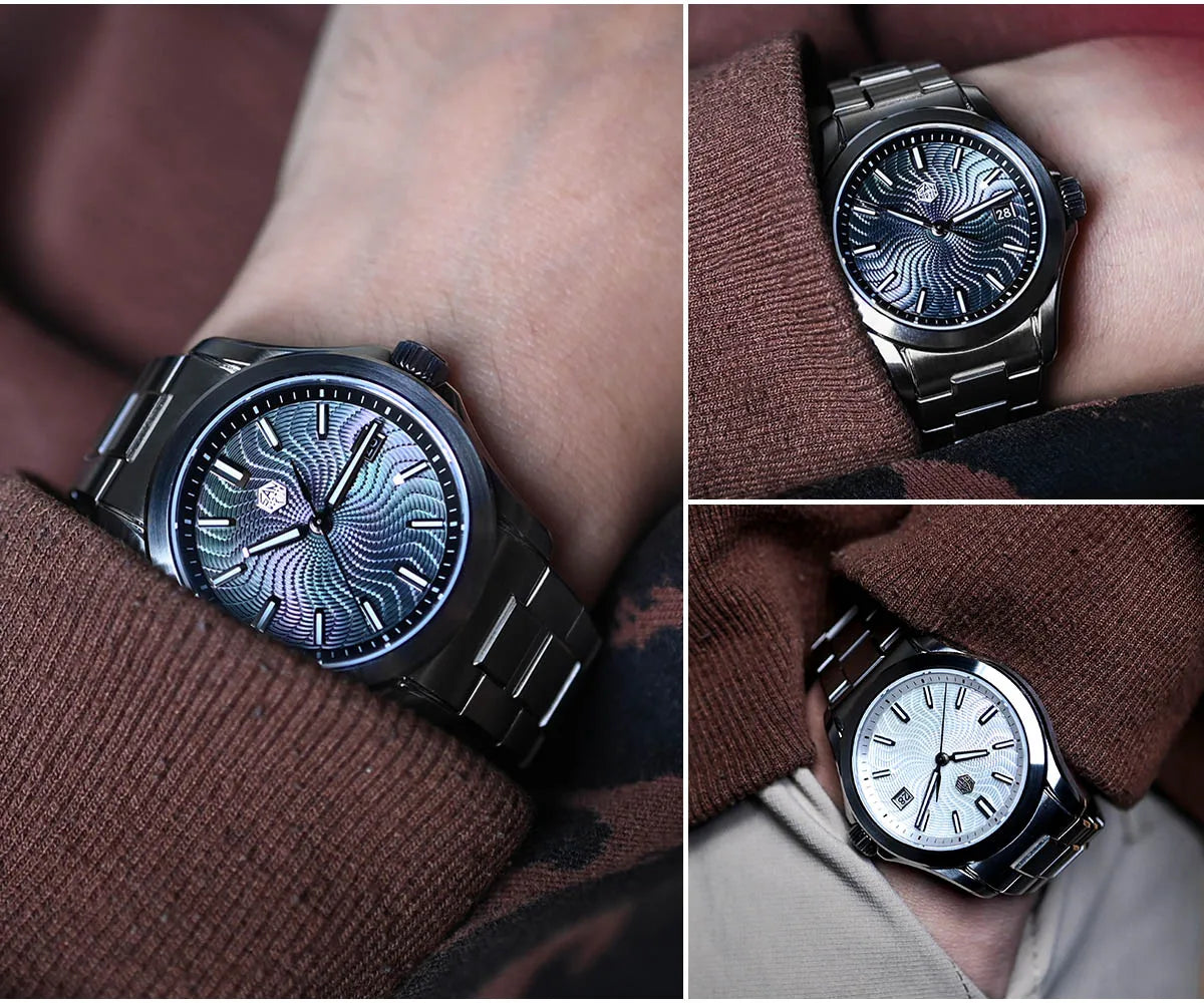 Purple-blue gradient color splicing MOP dial on 39mm San Martin SN0150-G1 showing original design interpretation