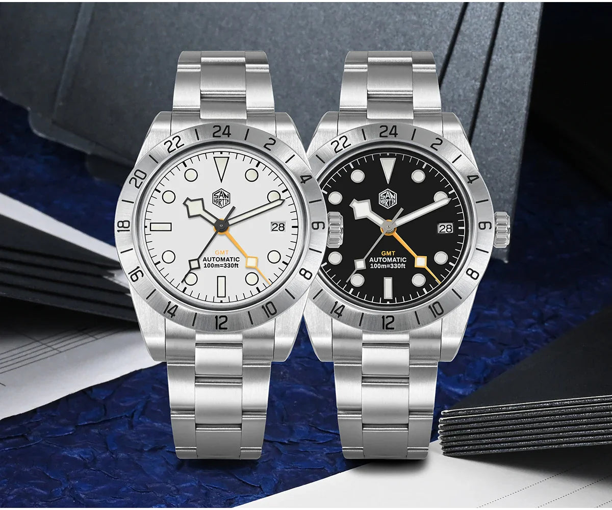 San Martin Snowflake GMT stainless steel bracelet end links and micro-hole safety clasp with branded hexagon hardware