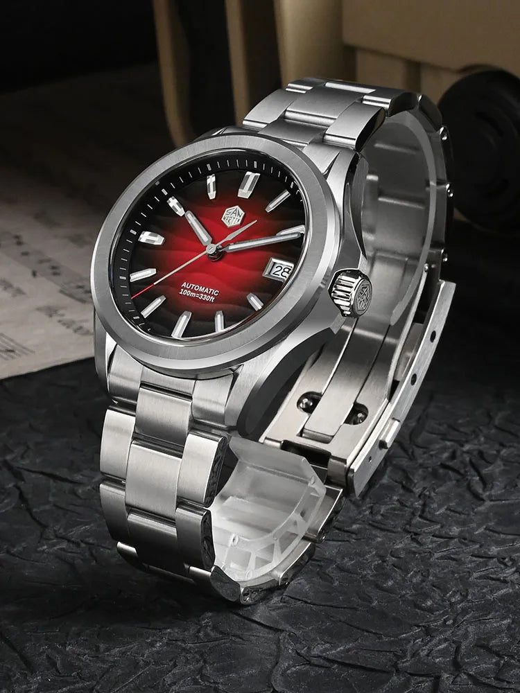 Ice blue desert texture dial on SN0129-GC shows 3D hexagon logo and date window, sapphire crystal with AR coating