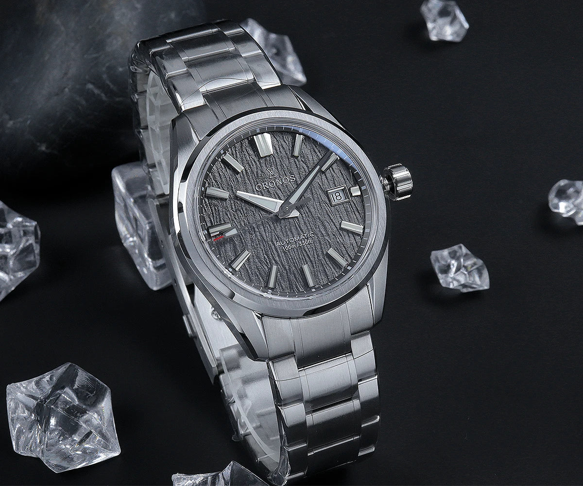 Side profile displaying the 10.85mm case thickness of the Cronos Arctic Ice with sapphire crystal bezel protection
