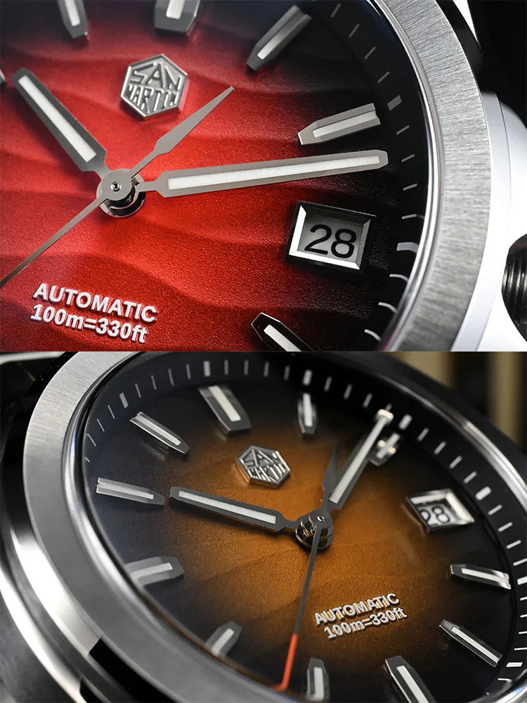 San Martin SN0129-GC gradient red dial capturing desert mirage heat waves, 39mm stainless steel case with luminous applied indices