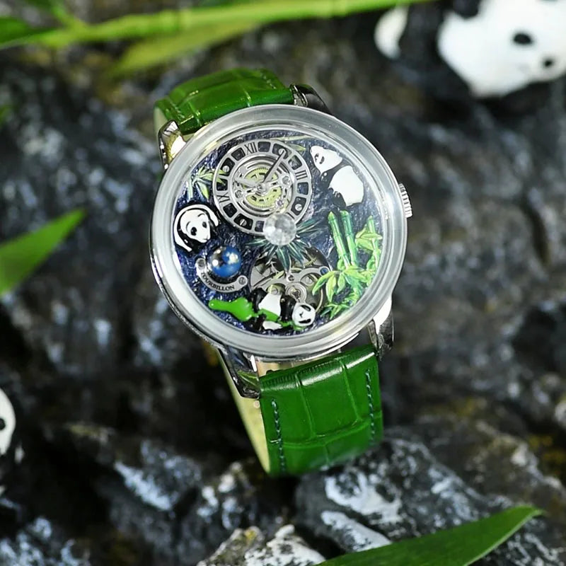 LUDLOW Panda Skeleton Automatic wristwatch displaying shock resistant movement and 30m water resistance in luxury dress watch style with round case