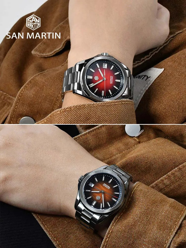 Close-up of gradient brown dial inspired by moonlight, San Martin bracelet with new fly adjustable clasp detail