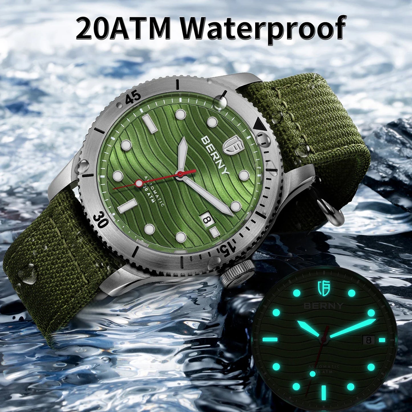Full wrist view of BERNY AM134M 41mm diver with double-locking fold-over clasp and 20ATM rating