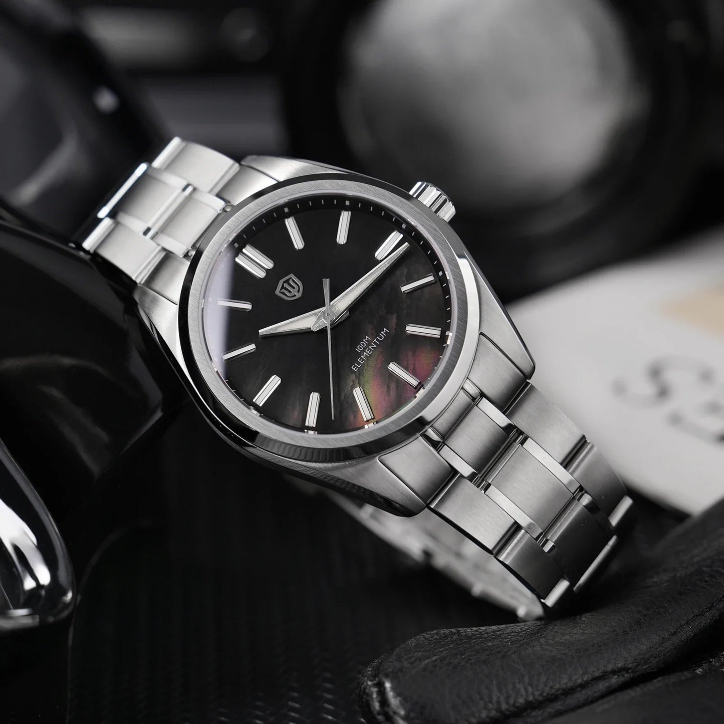 Watchdives Elementum WD0003C on wrist wearing stainless steel bracelet, 100m water resistance tested and ready for daily wear