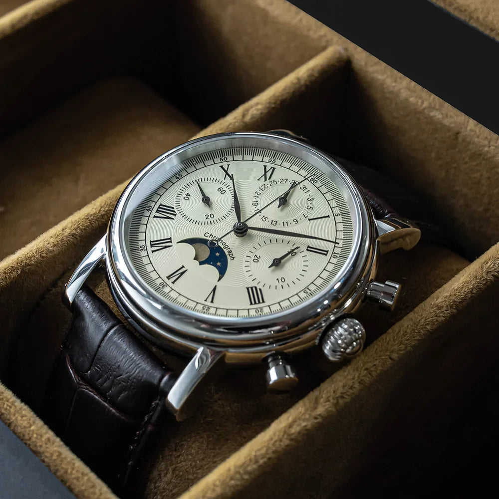 Sugess M199S silver stainless steel case with beige dial chronograph subdials and integrated moonphase complication at 6 position