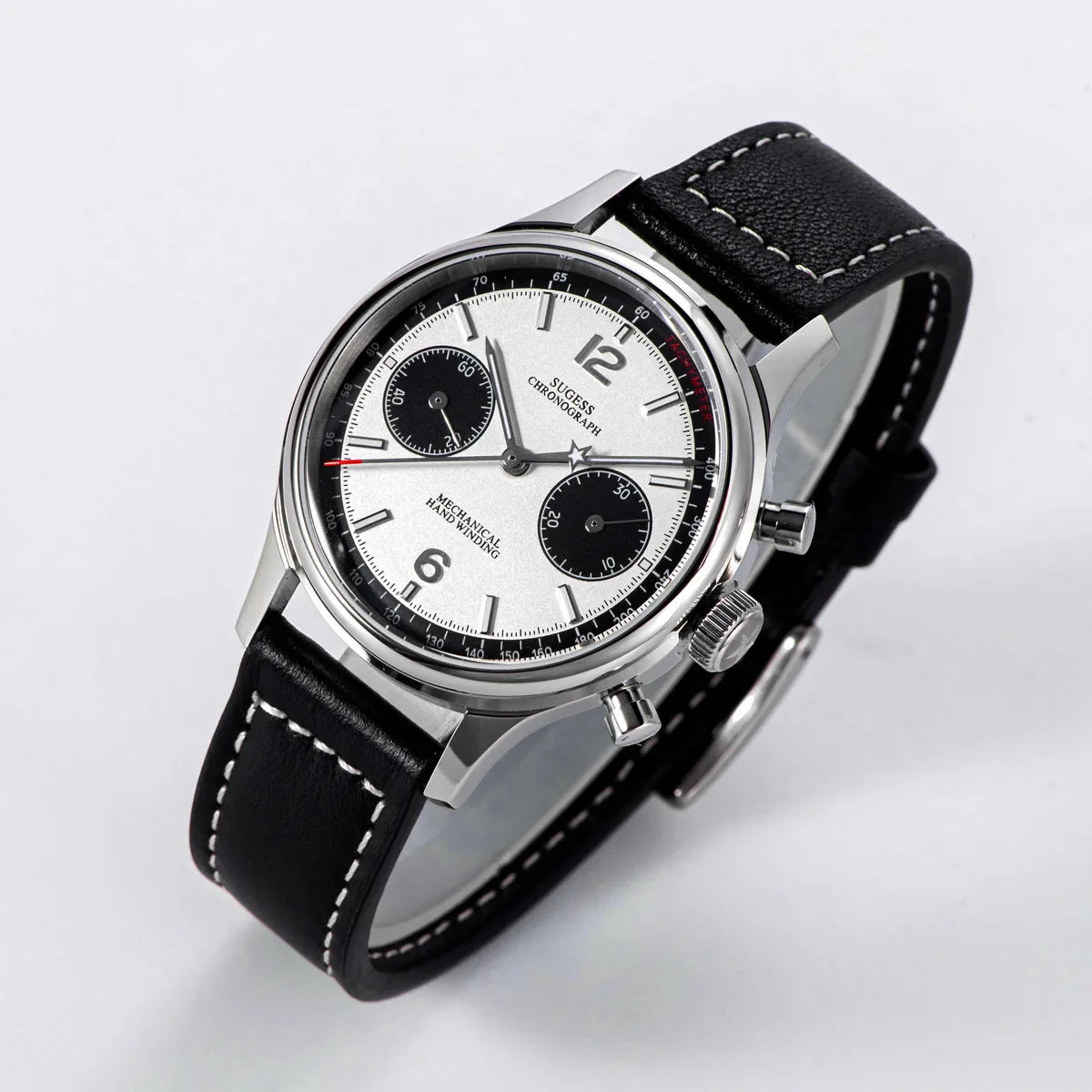 Sugess Panda Pilot 1963 leather strap detail with buckle clasp and 13mm case thickness, authentic mechanical watchmaking from mainland origin