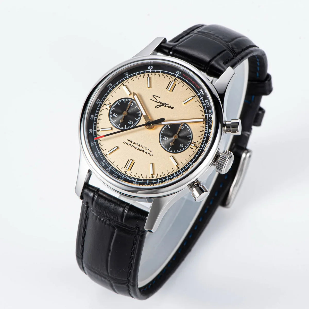 Champ edition Sugess Panda Pilot showcasing round case profile, bucket clasp, and racing aesthetic with chronograph subdials for timing