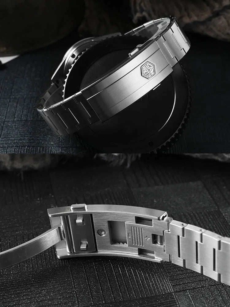 San Martin SN0151-GL 39mm diver with black guilloche mother of pearl dial, sapphire bezel, and 316L steel bracelet combo