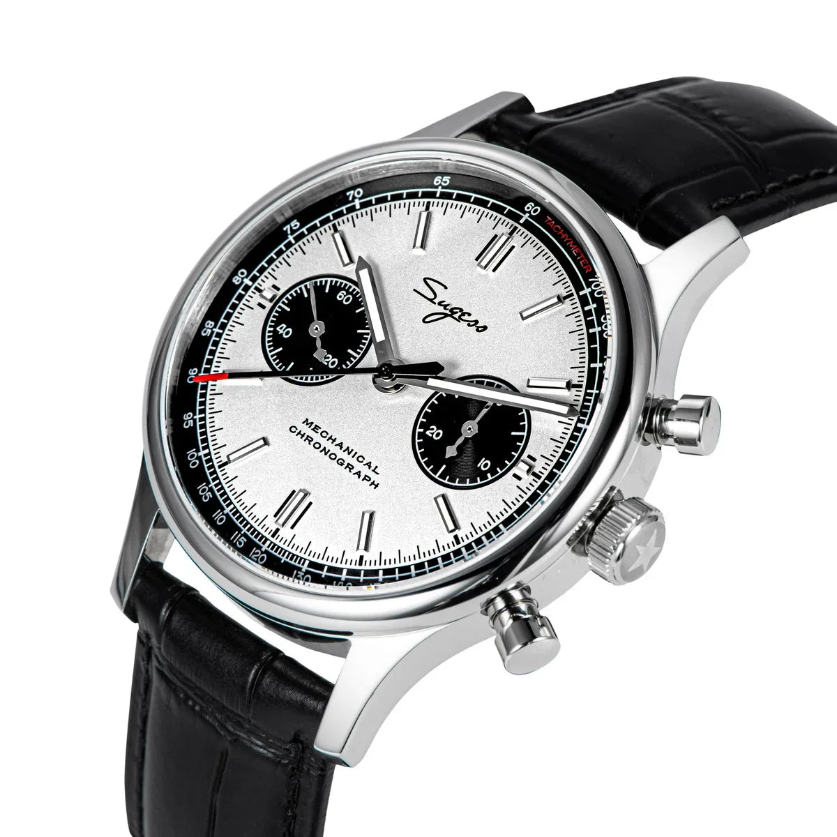 Detailed view of Sugess S387 dial showing swanneck regulator, chronograph functions, and luminous markers on the heritage-inspired Panda face