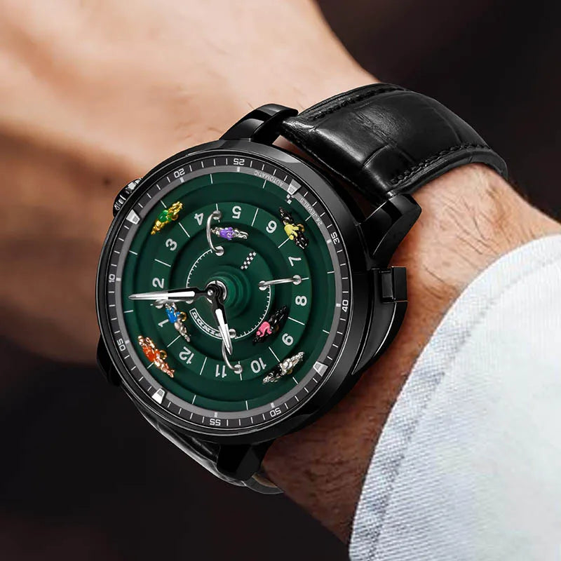 Leather strap detail on MERIDIAN Skeleton Diver 47mm automatic timepiece with 50M waterproof capability and mechanical hand wind