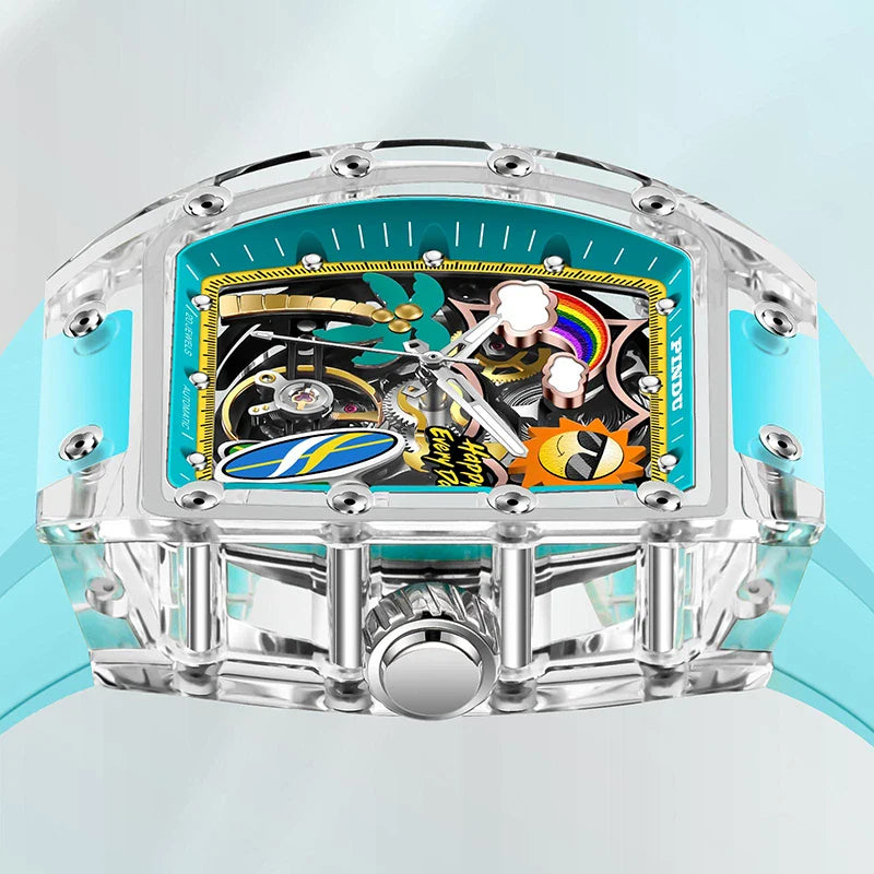 Tonneau-shaped resin case of the SOLSTICE P6633 mechanical watch showing screw crown and silicon bracelet from three-quarter angle
