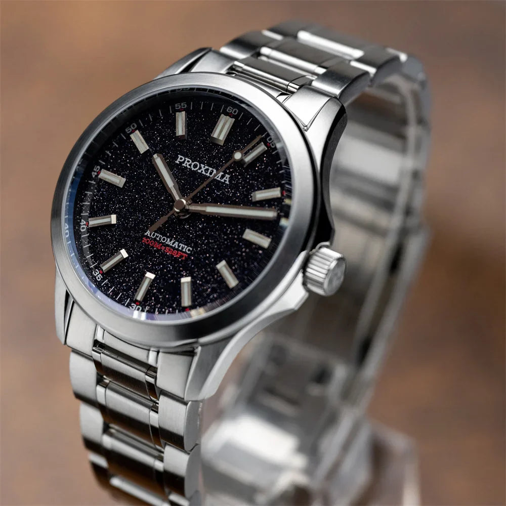 316L five-bead bracelet on Proxima diver model PX1746 showing taper design and quick-release clasp detail with secure folding mechanism