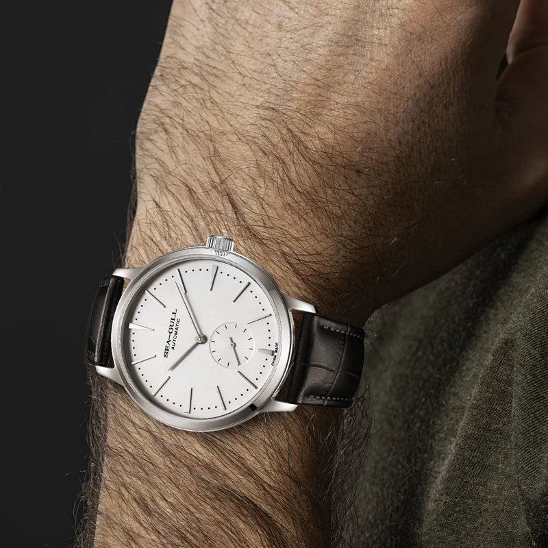 Top-down view of Sea-Gull 1955 chronometer dial face emphasizing clean minimalist aesthetic without numerals