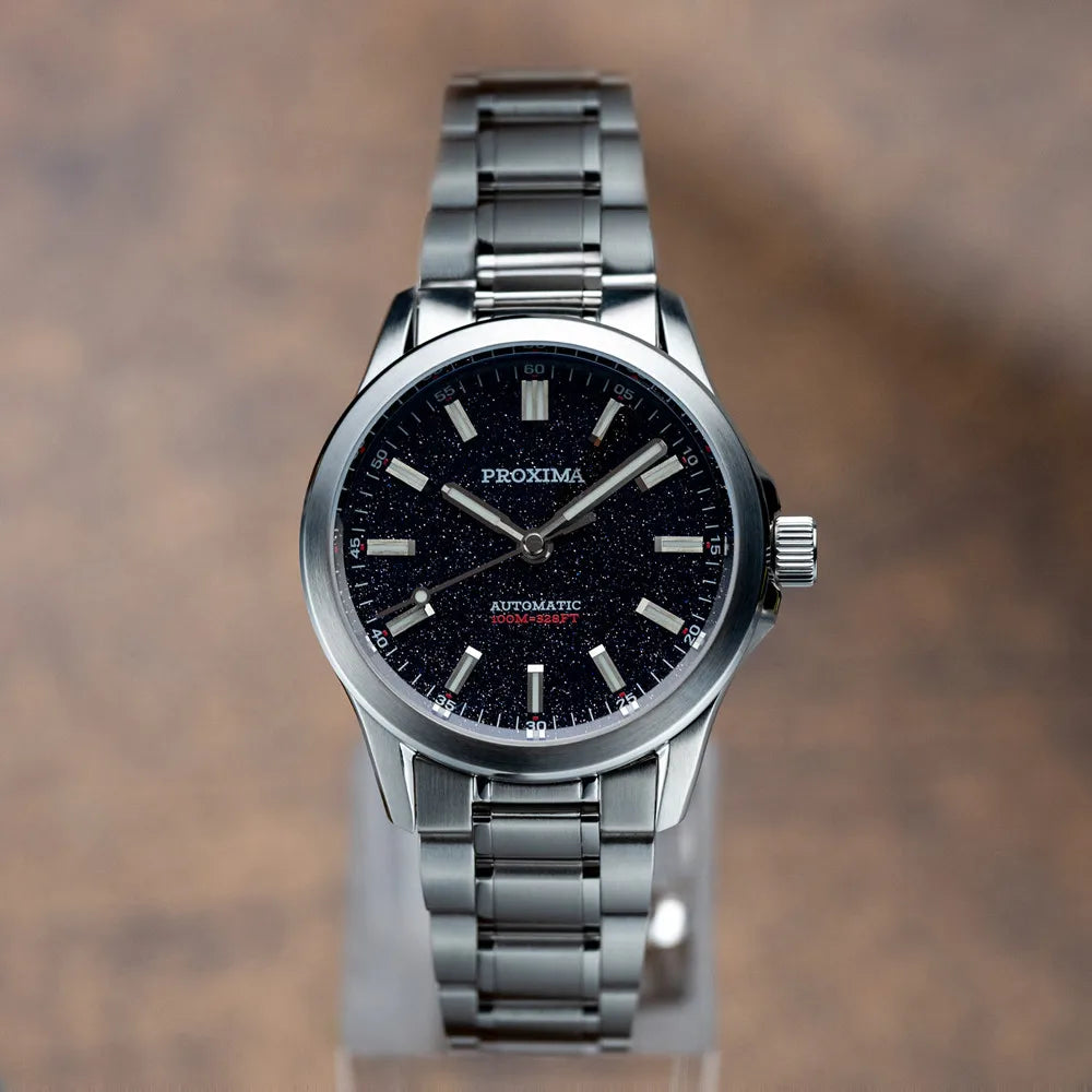 Full wrist shot of Proxima blue aventurine PX1746 displaying 100-meter water resistance capability and jewelry-grade stainless steel construction