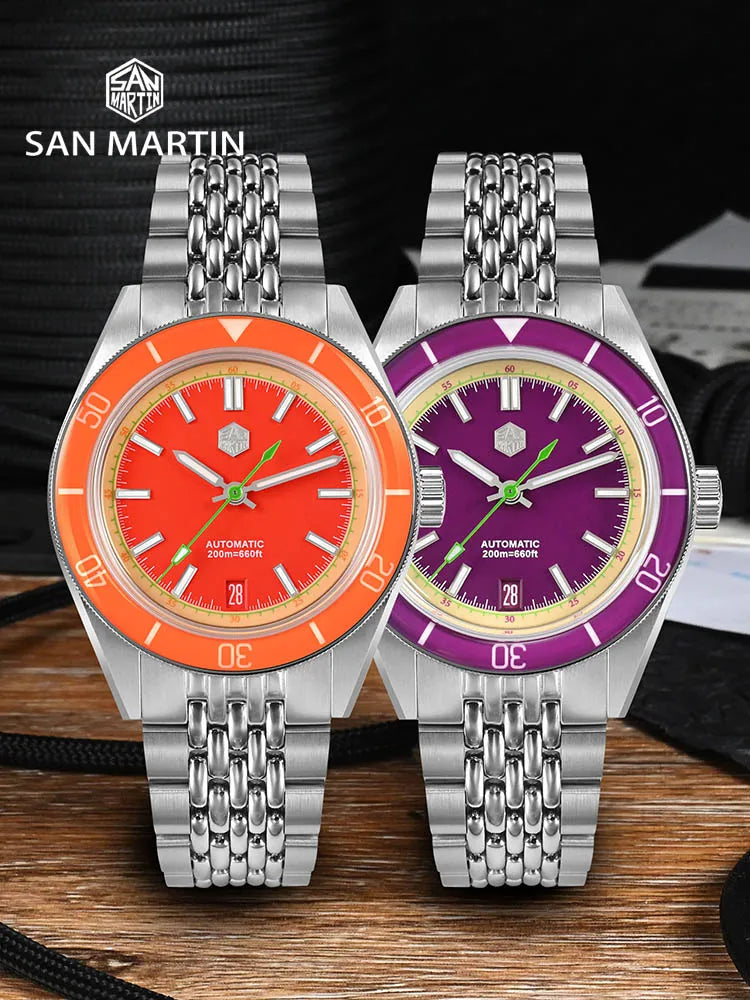 San Martin SN0116-G-B porcelain fruit automatic in avocado green with sapphire bezel and luminous indices under AR coated crystal