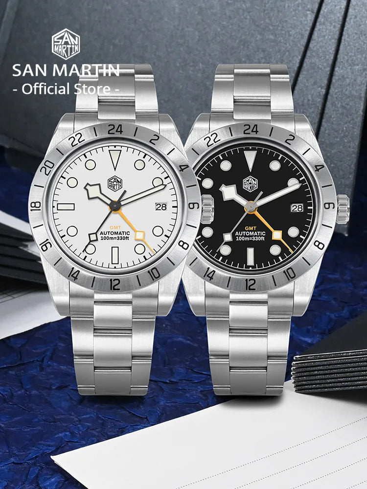 Full lug-to-lug view of San Martin Snowflake GMT bracelet featuring solid stainless steel links and hexagon-logo folding clasp