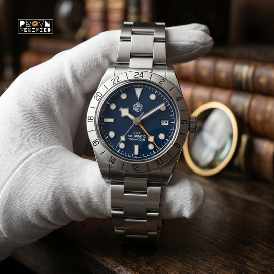 San Martin SN0054-G-E1 39mm mechanical watch with matte white dial, snowflake GMT hands, and BGW-X1 blue luminous markers