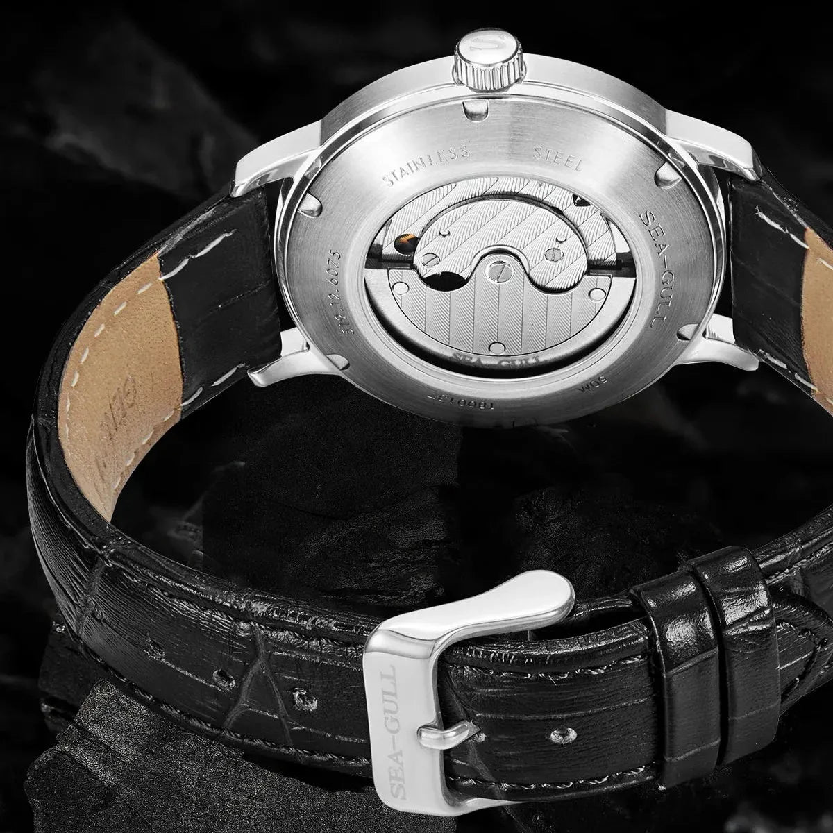 Sea-Gull 1955 Chronometer 40mm round case back detail revealing ST17 self-winding movement and water resistant casing