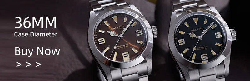 Baltany Explorer amber dial explorer-style tribute watch at 6 o'clock position highlighting minimalist numberless design