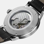 Closeup of Sea-Gull 1955 automatic mechanical watch showing numberless dial design and polished steel bracelet