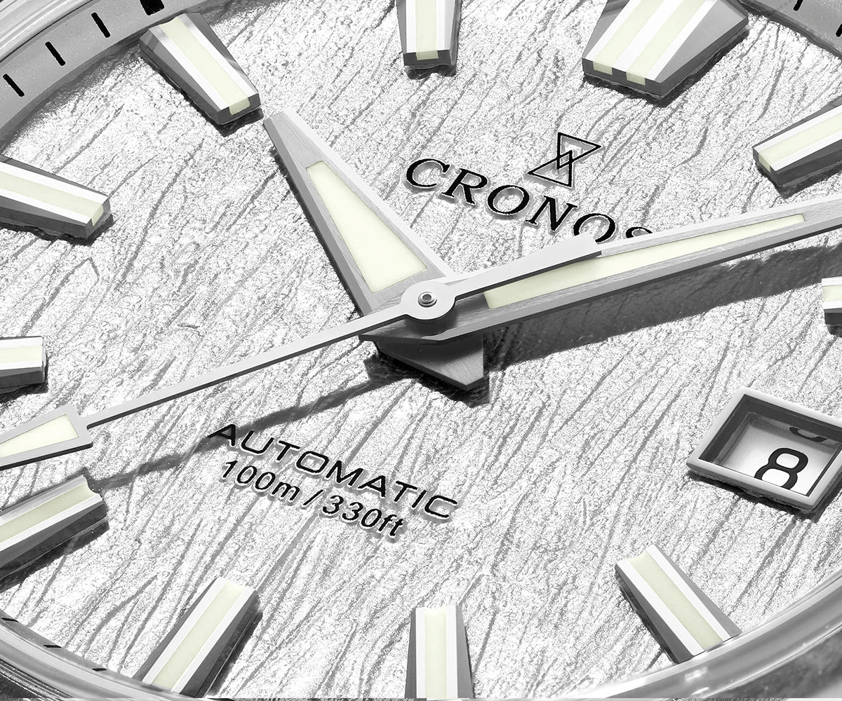 Wrist shot of the Cronos Arctic Ice L6037 luxury mechanical timepiece with band length 20 and rubber strap option