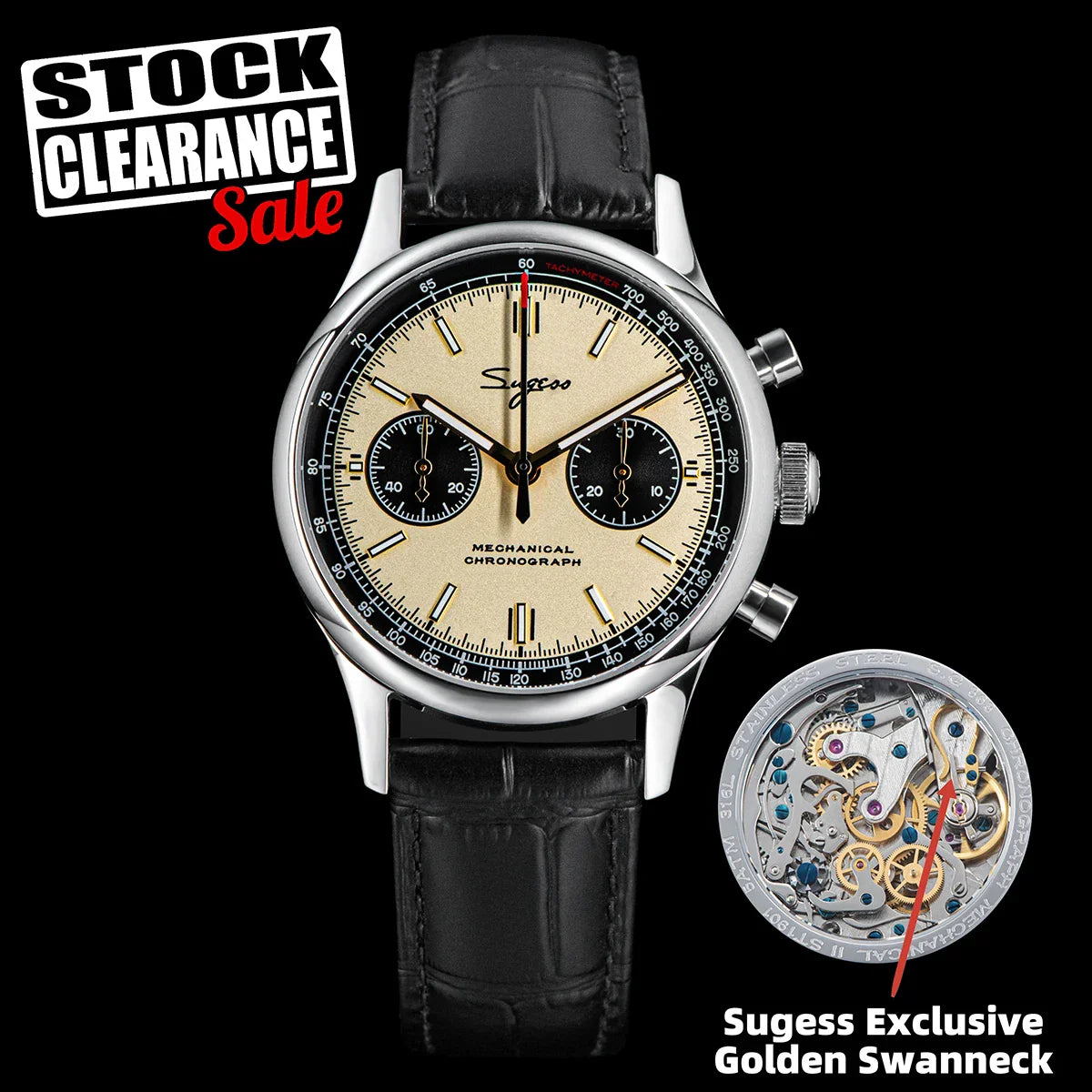 40mm Sugess Panda Chronograph with contrasting black and white dial, Seagull ST19 Swanneck movement visible through display caseback