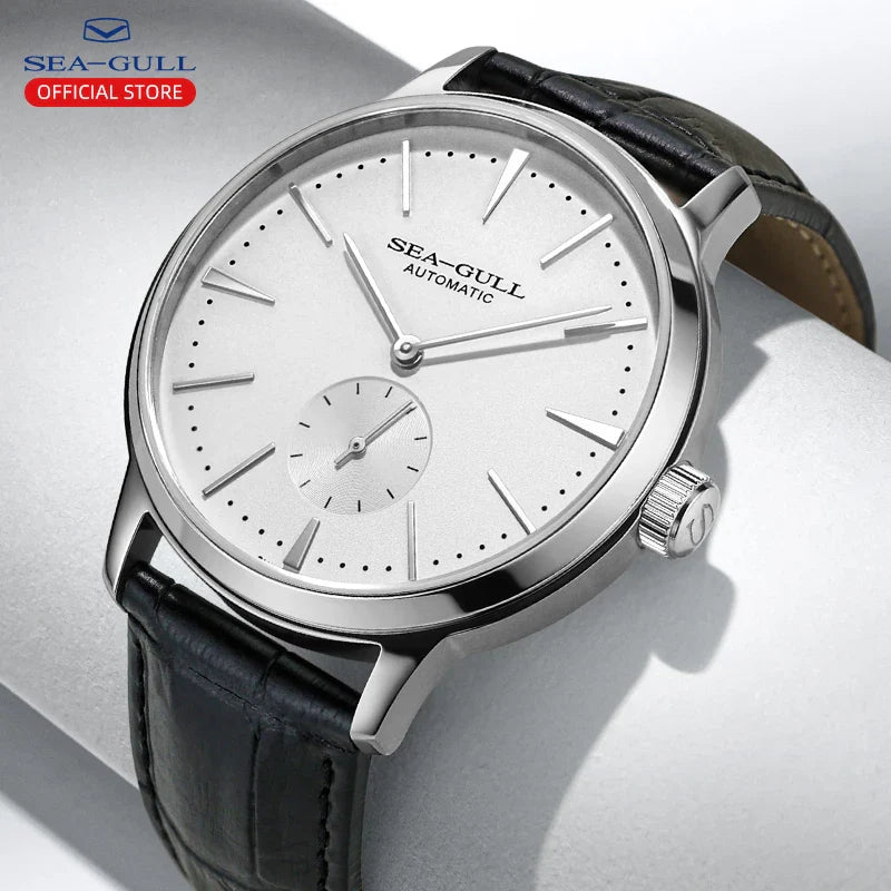 Sea-Gull 1955 Chronometer model 819.12.6075 stainless steel case with leather band and sapphire crystal dial