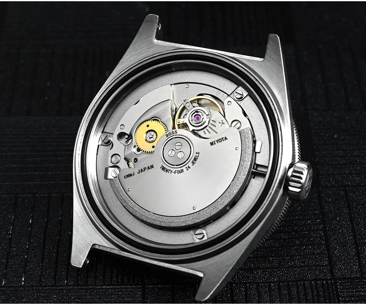 Orange mother of pearl guilloche finish on San Martin diver captures light with 39mm stainless steel case