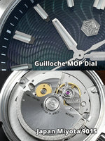 Miyota 9015 automatic movement visible through screw-down case back engraved with Made in San Martin Chinese seal stamp