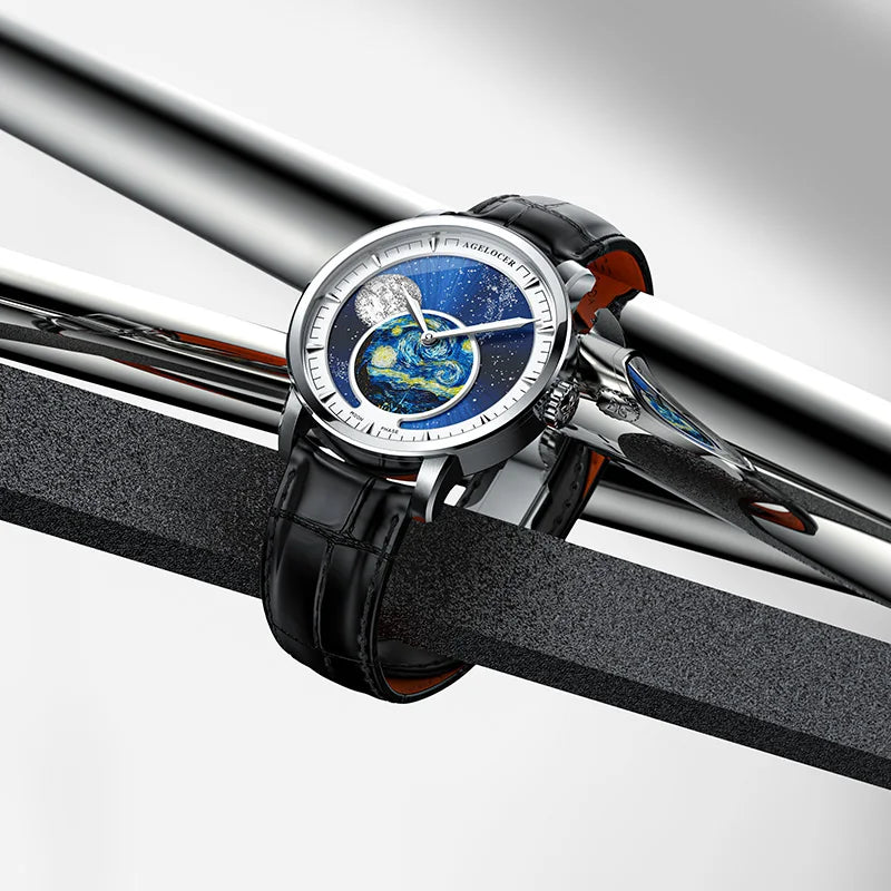Close-up of Agelocer moonphase subdial with painted hour markers and sapphire glass under 5 bar water resistance