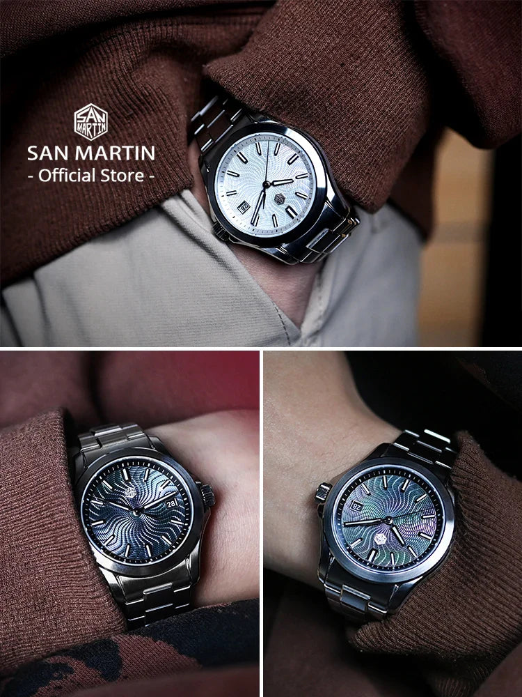 San Martin SN0150-G1 39mm guilloche mother of pearl dial with BGW-X1 luminous hands catching light against brushed 316L steel case
