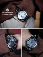 San Martin SN0150-G1 39mm guilloche mother of pearl dial with BGW-X1 luminous hands catching light against brushed 316L steel case