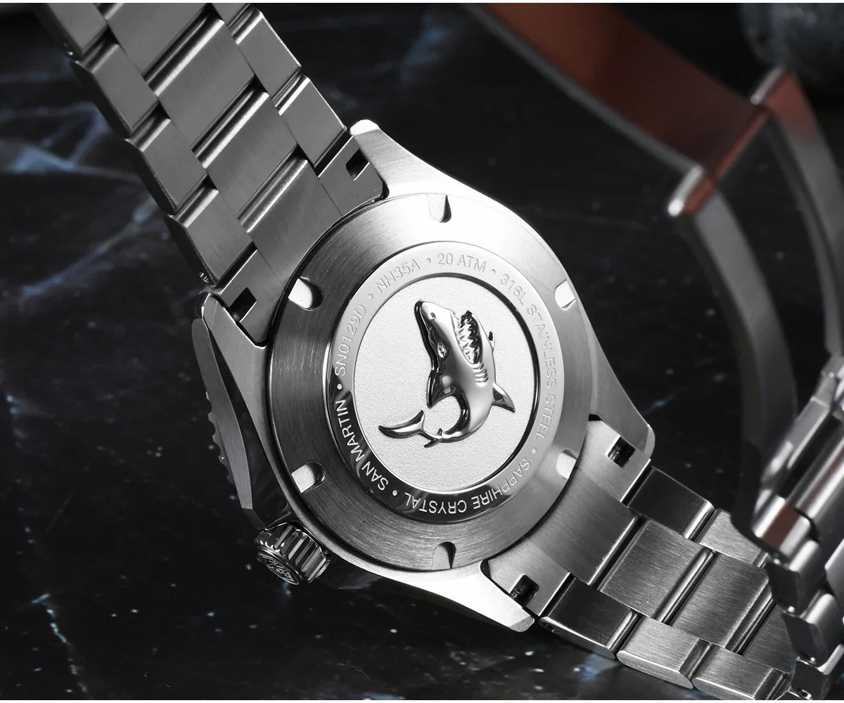 Profile of San Martin sapphire diver timepiece highlighting 46.5mm lug to lug proportions and AR coated glass dome
