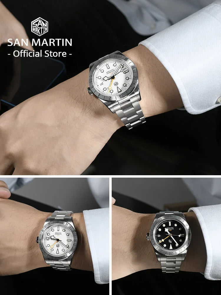 Wrist-worn San Martin SN0054 showing 39mm case diameter, 48.5mm lug-to-lug length, and 100-meter water resistance capability