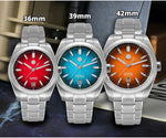 Gradient enamel red dial variant of the San Martin JianZhan SN0144 mechanical watch with 3D hexagon logo crown and sapphire crystal