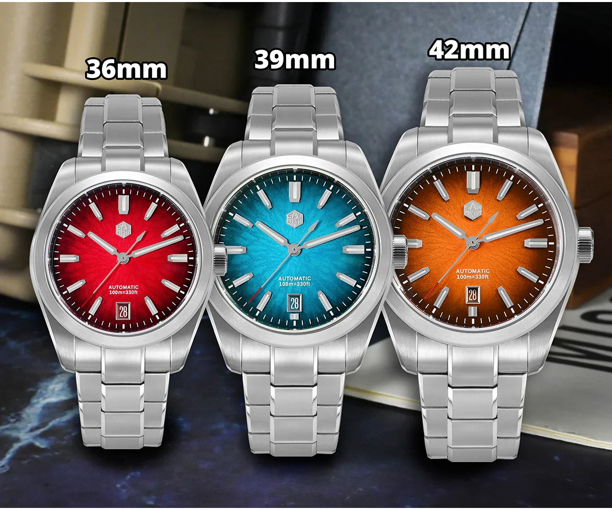 Gradient enamel red dial variant of the San Martin JianZhan SN0144 mechanical watch with 3D hexagon logo crown and sapphire crystal