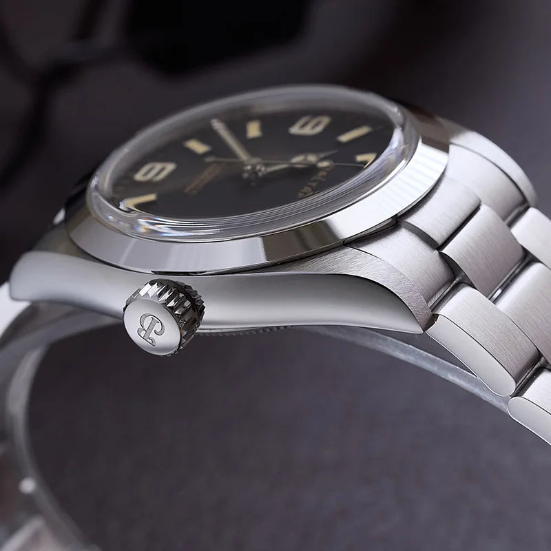 Full bracelet view Baltany Explorer mechanical watch with 20mm width stainless steel links and polished center connections