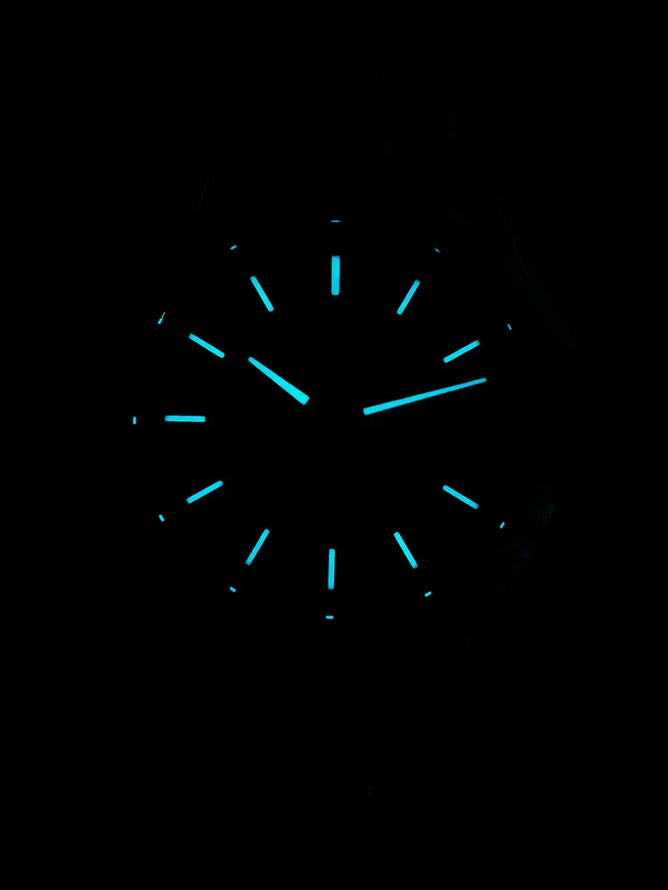 White guilloche MOP dial variant of the San Martin Guilloche Pearl Diver with multi-cut GS Crafts hand set glowing blue