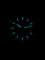 White guilloche MOP dial variant of the San Martin Guilloche Pearl Diver with multi-cut GS Crafts hand set glowing blue