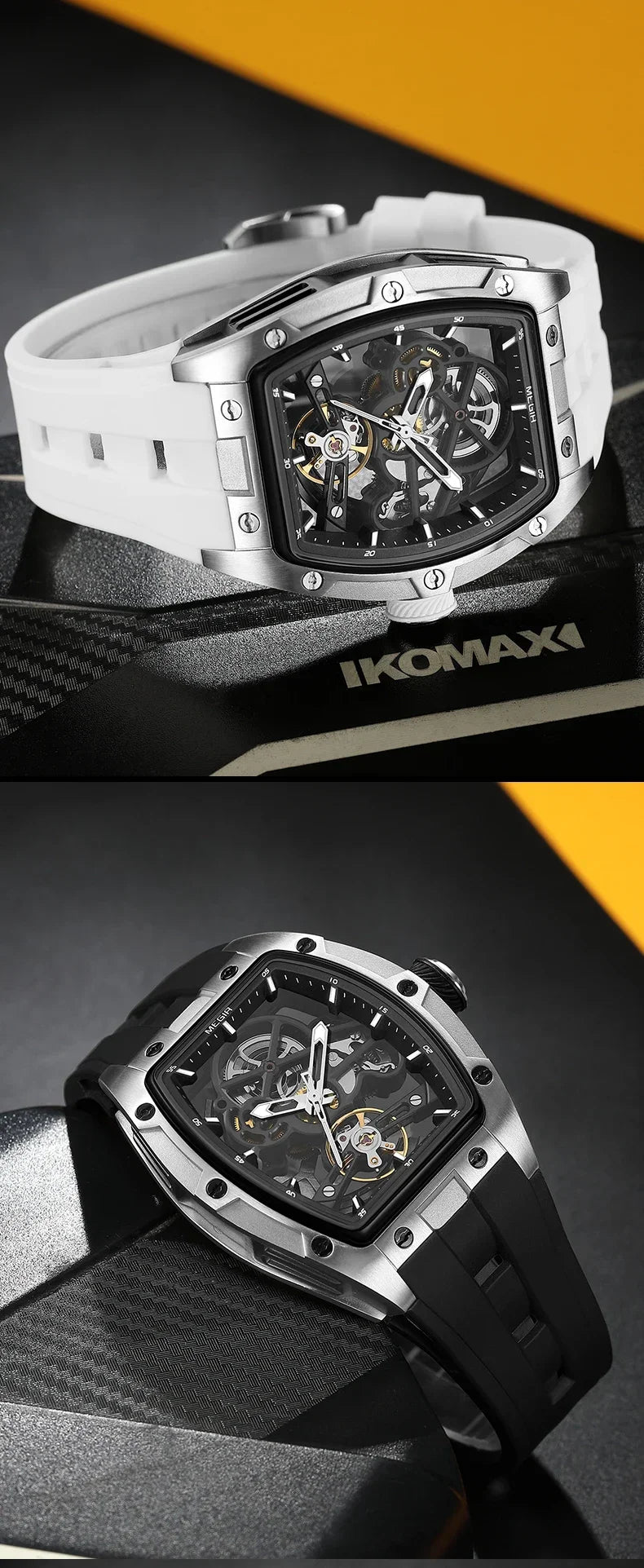 Wrist-worn view of the VESPER Skeleton Tonneau featuring luminous applied indices and transparent caseback revealing the beating heart of its movement