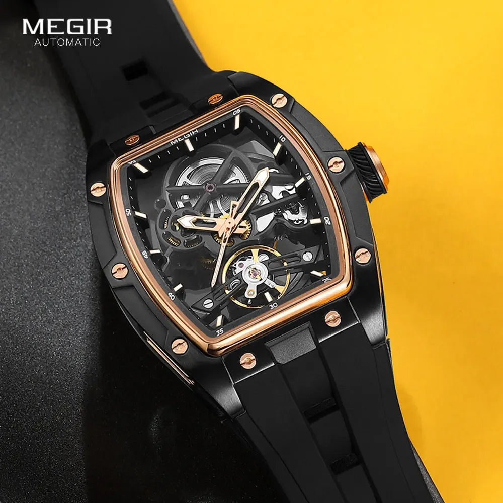 Close-up of VESPER skeleton dial revealing internal gear train and automatic self-winding mechanism behind protective hardened mineral crystal