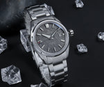 Side profile displaying the 10.85mm case thickness of the Cronos Arctic Ice with sapphire crystal bezel protection