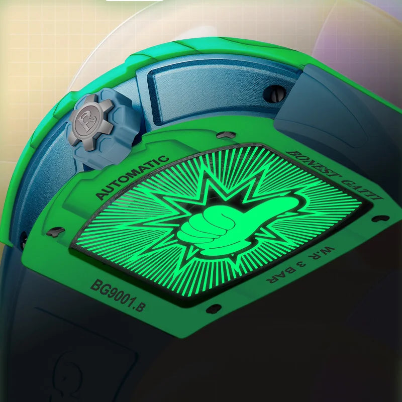 Close-up of SOLARIS 42mm tourbillon regulator with shock-resistant carbon fiber case and luminous markers on numberless dial