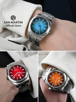 Full wrist shot of the San Martin JianZhan SN0144 automatic dress watch with brushed stainless steel bracelet and polished chamfered edges