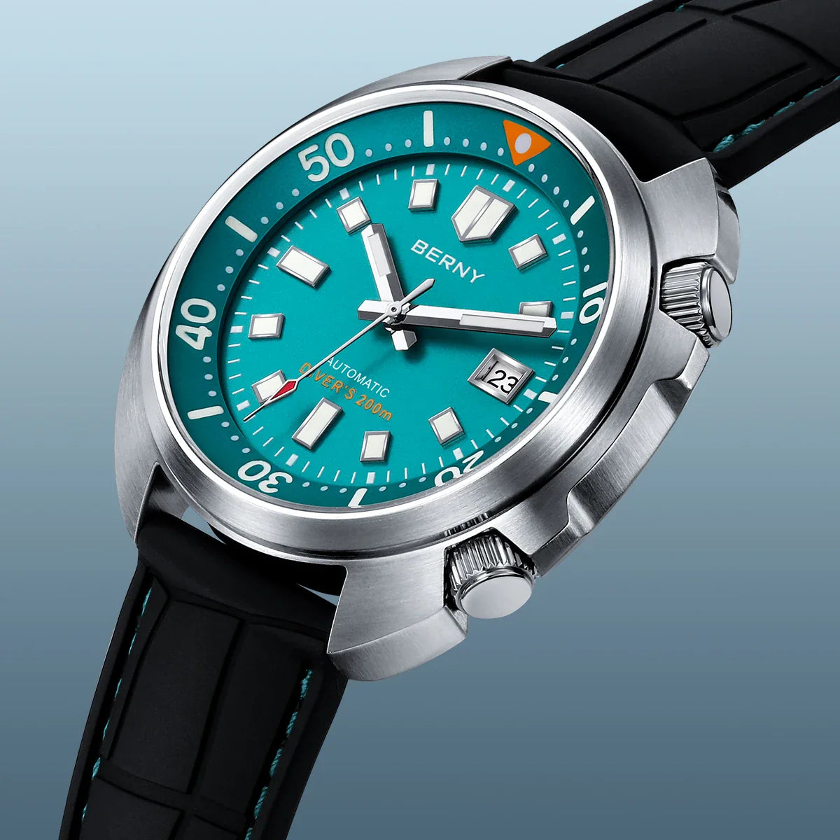 Side view highlighting the screw-down crown protection and streamlined case profile of Berny's AM1970M model