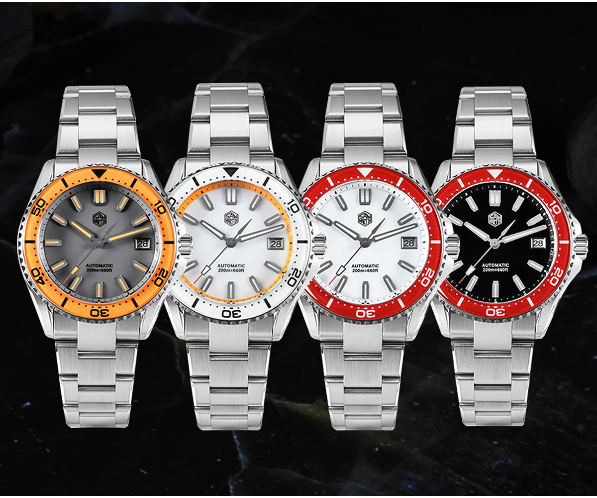 Top down San Martin enamel diver watch 39mm case thickness 13.8mm with NH35 automatic movement visible through display